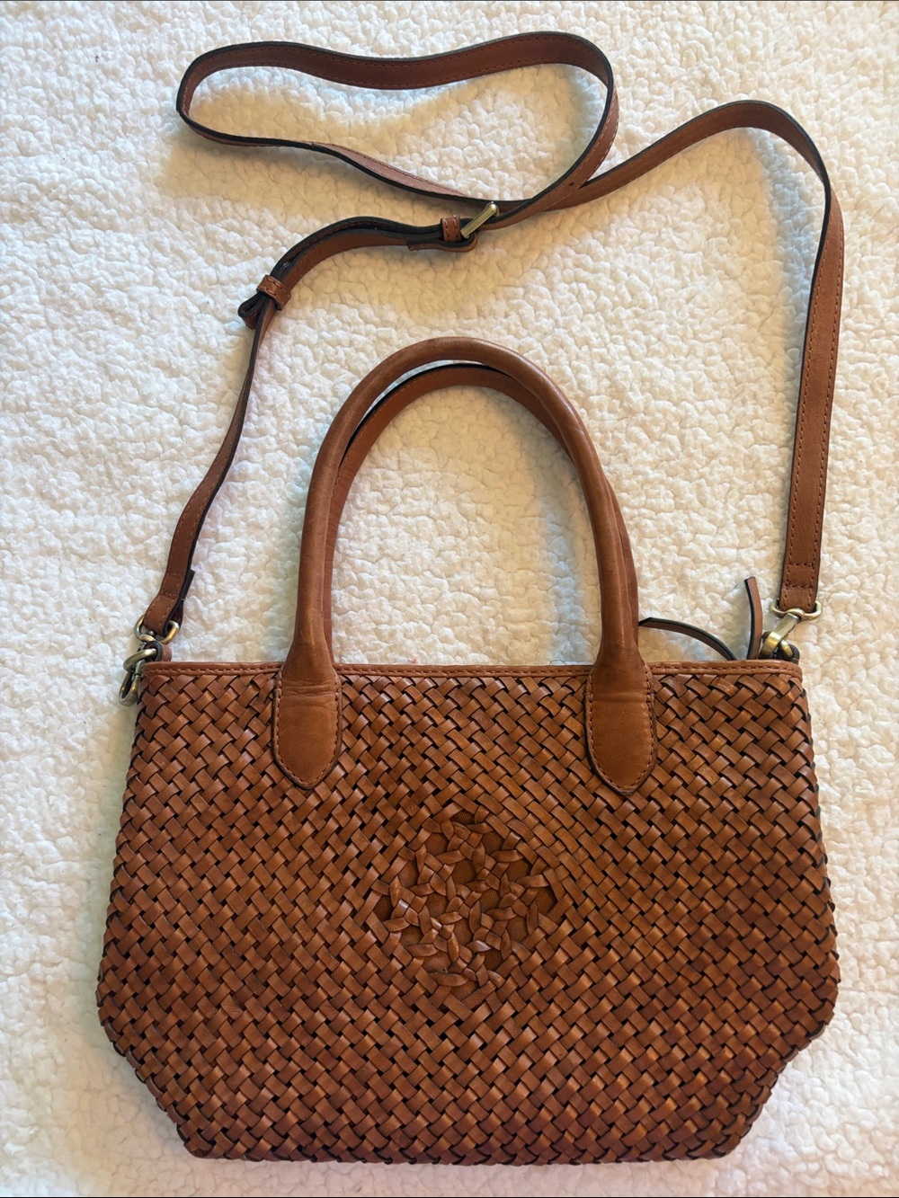 Woven Genuine Leather Satchel Bag in Brown with Removable Crossbody Strap